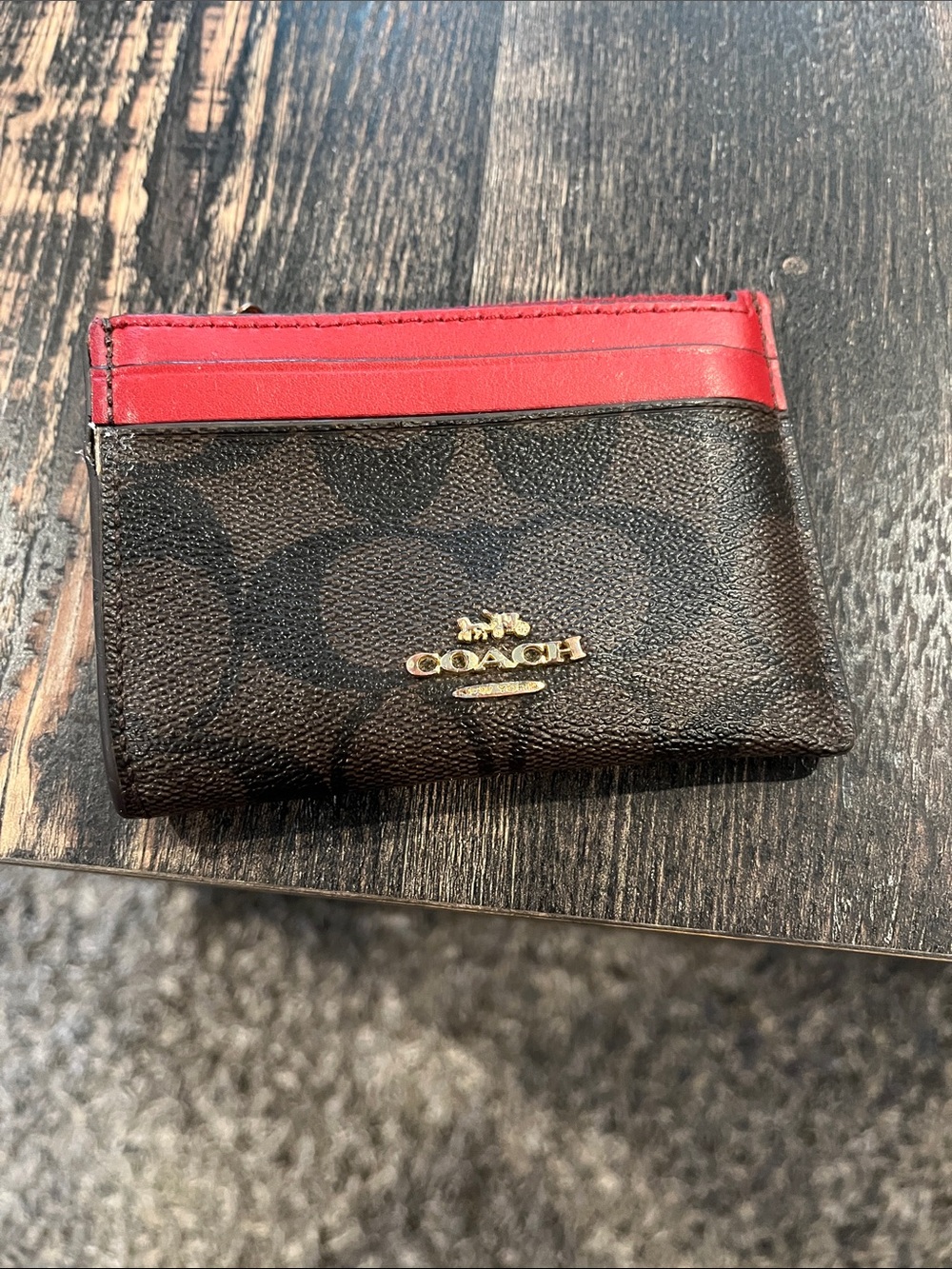 Coach Brown Signature Canvas Card Holder with Red Trim